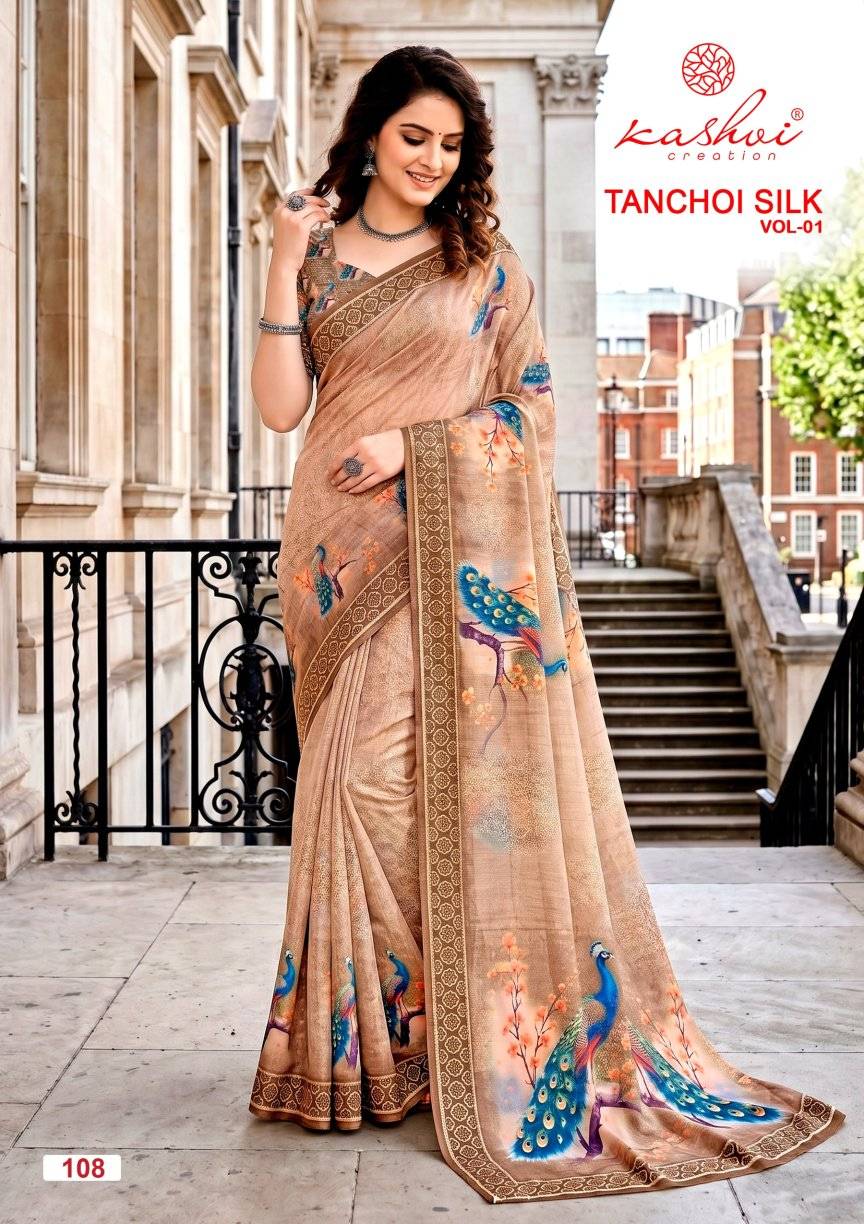  TANCHOI SILK VOL 01 By KASHVI CREATION 101 To 108 Series Indian Traditional Wear DULL MOSS sarees At Wholesale Price